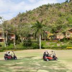 two red golf carts on golf course